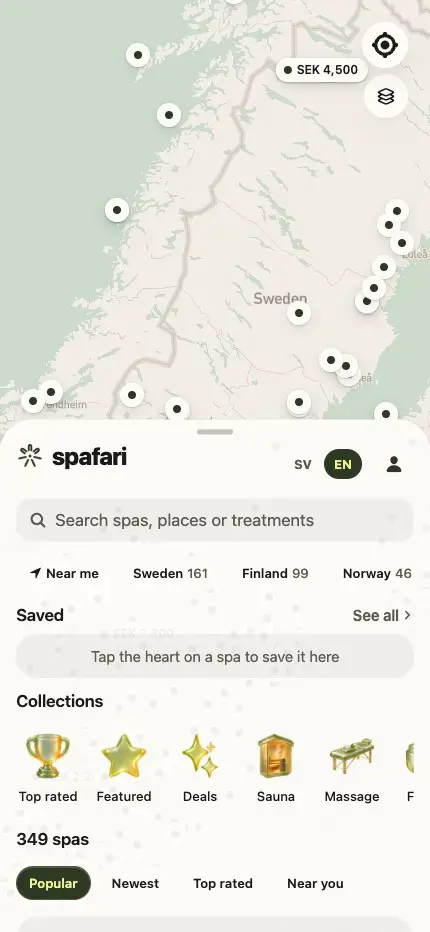 Skærmbillede: kortet med spa i Sverige og listen nedenunder